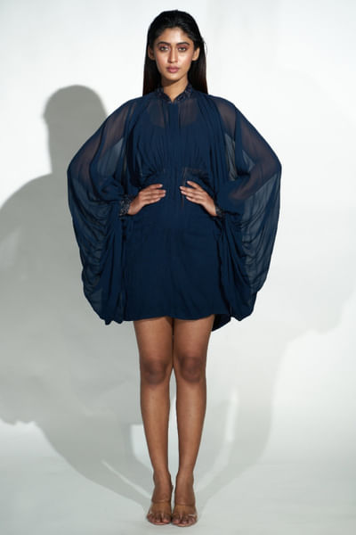 Navy blue embroidered pleated dress