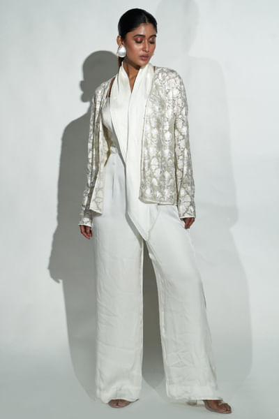 Ivory embroidered jumpsuit jacket set