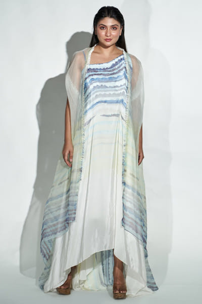Dev R Nil Ivory blue printed one shoulder dress DEVSEP25D132708