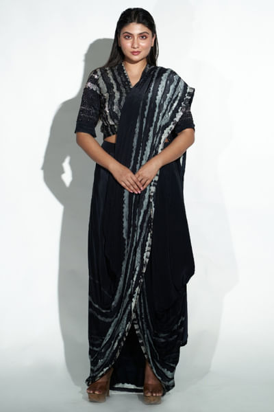 Black embroidered printed sari set