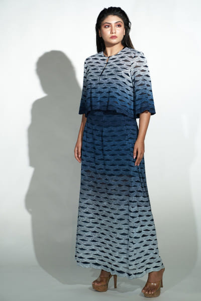 Navy blue wave ombre embroidered skirt set