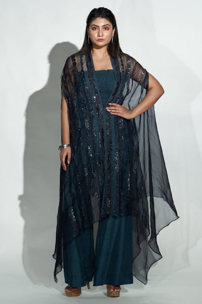 Teal blue printed embroidered palazzo set