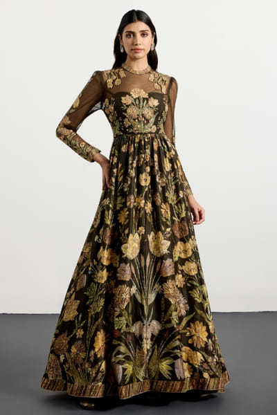 Ri Ritu Kumar Olive hand embroidered floral print dress RIRIMAY26D145554