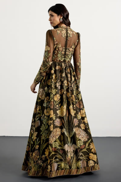 Ri Ritu Kumar Olive hand embroidered floral print dress RIRIMAY26D145554