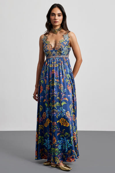 Ri Ritu Kumar Blue floral print strappy maxi dress RIRIAUG26D151788