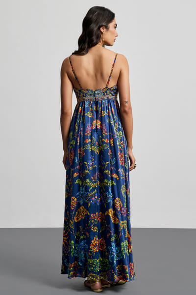 Ri Ritu Kumar Blue floral print strappy maxi dress RIRIAUG26D151788