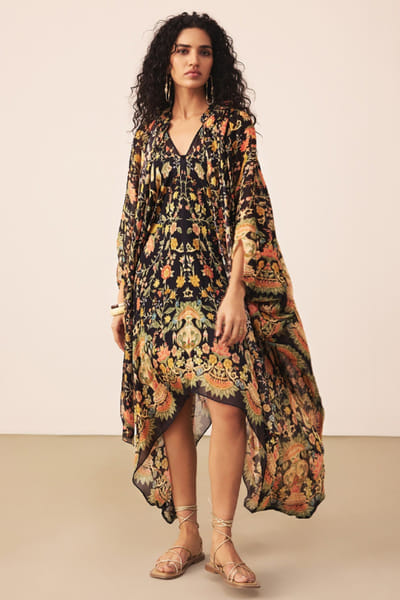 Ritu Kumar Black floral print asymmetric kaftan dress RITUJUN26D347292