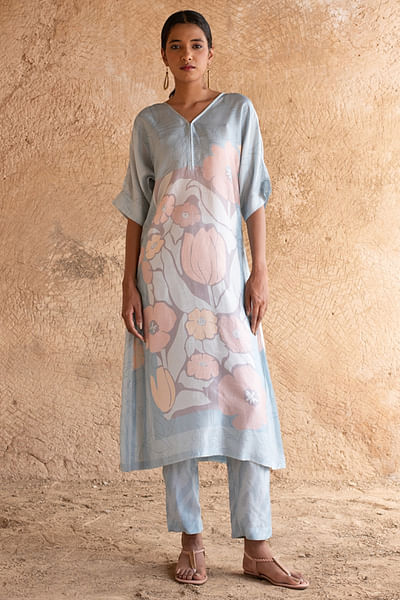 Powder blue floral printed kurta set
