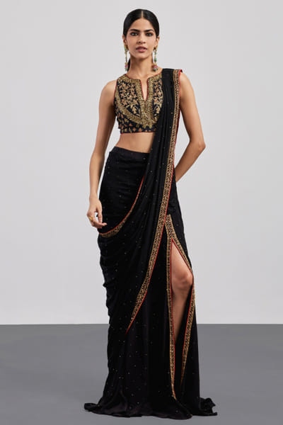 Ri Ritu Kumar Black embroidered pre-draped sari set RIRIAUG26D251850