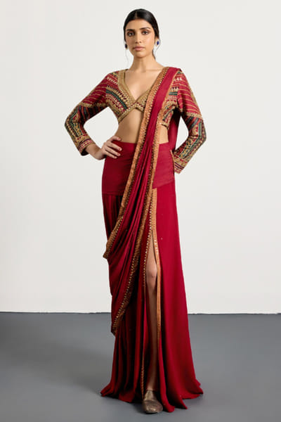 Ri Ritu Kumar Prune embroidered printed pre-draped sari set RIRIMAY26D145559
