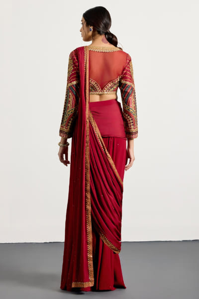 Ri Ritu Kumar Prune embroidered printed pre-draped sari set RIRIMAY26D145559