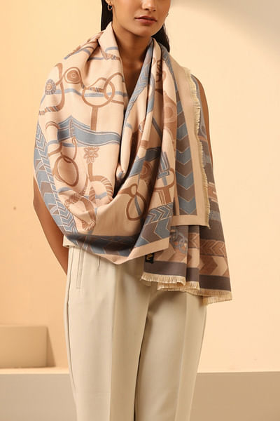 Cream reversible abstract woven cashmere stole