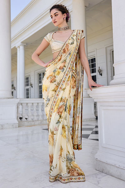 Ecru floral printed draped sari set