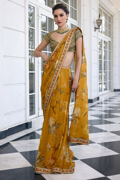 Mustard floral printed draped sari set