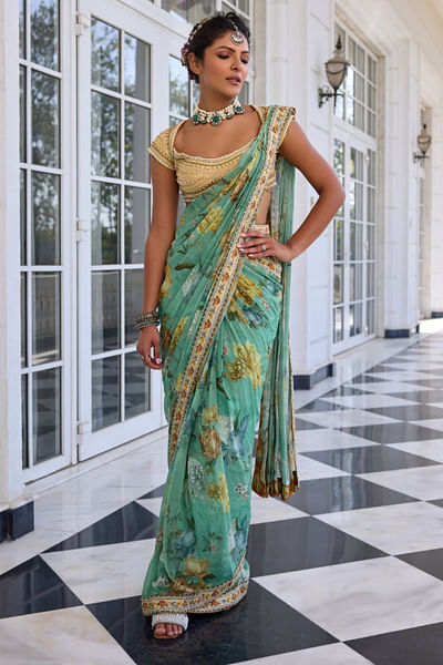 Rama green floral printed draped sari set