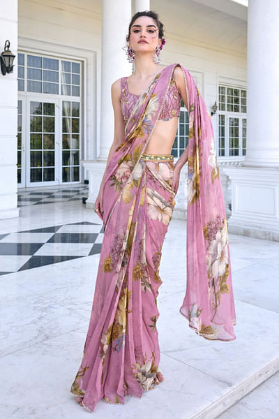 Onion pink floral printed draped sari set