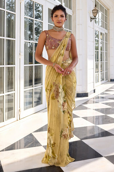 Beige floral printed draped sari set