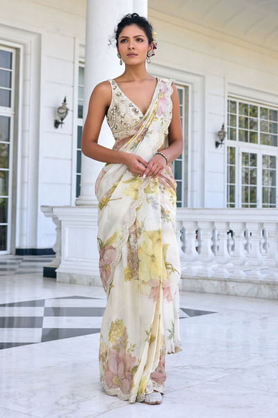 Ecru floral print draped sari set