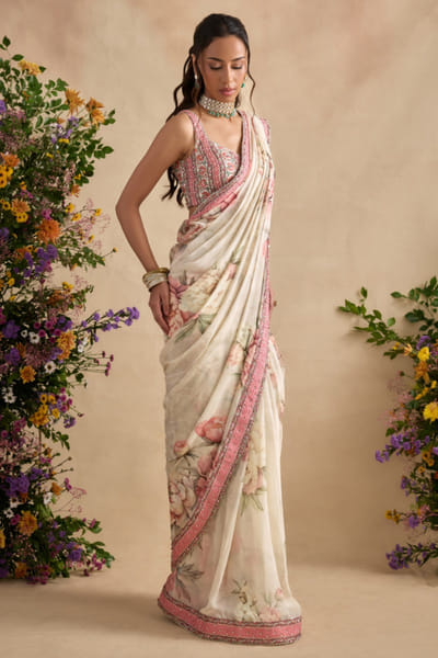 Ivory and pink embroidered pre-draped sari set