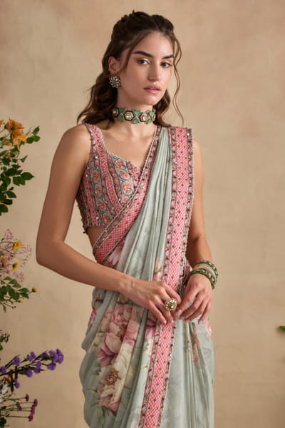 Soft mint motif embroidery pre-draped sari set