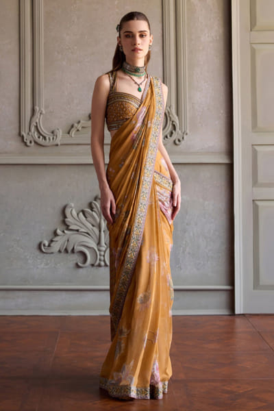 Kalista Amber yellow print embroidered drape sari set KALIJUL26D150679