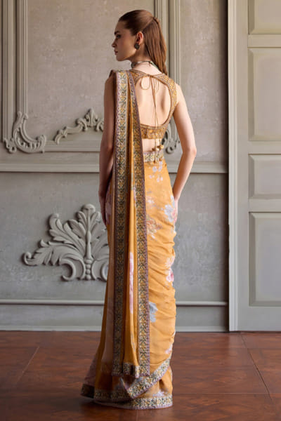 Kalista Amber yellow print embroidered drape sari set KALIJUL26D150679