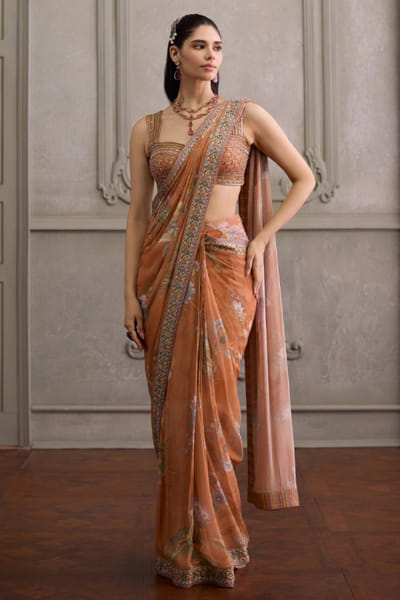 Kalista Apricot print embroidered pre-draped sari set KALIJUL26D150680