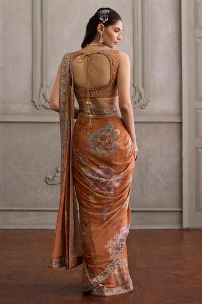 Kalista Apricot print embroidered pre-draped sari set KALIJUL26D150680