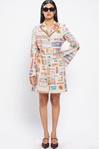 Multicolour snack print embroidered blazer dress