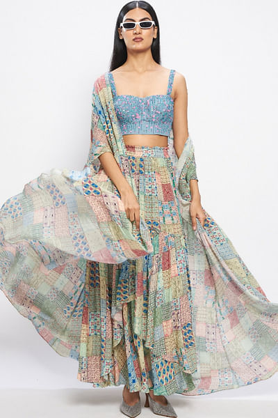 Multicolour window grill printed flared cape