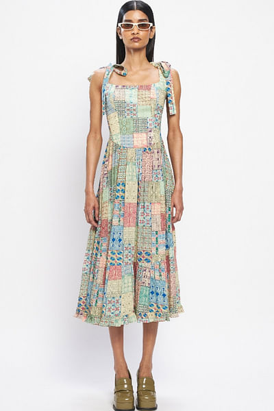 Multicolour window grill printed corset dress