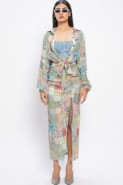 Multicolour window grill printed ruched skirt