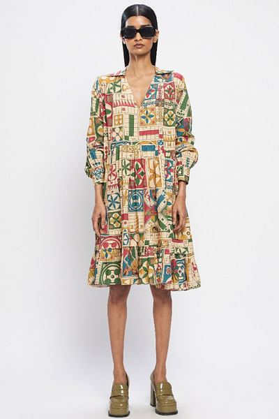 Multicolour ludo-inspired printed tiered dress