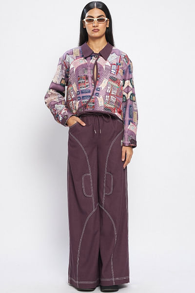 Multicolour retro bus printed biker jacket