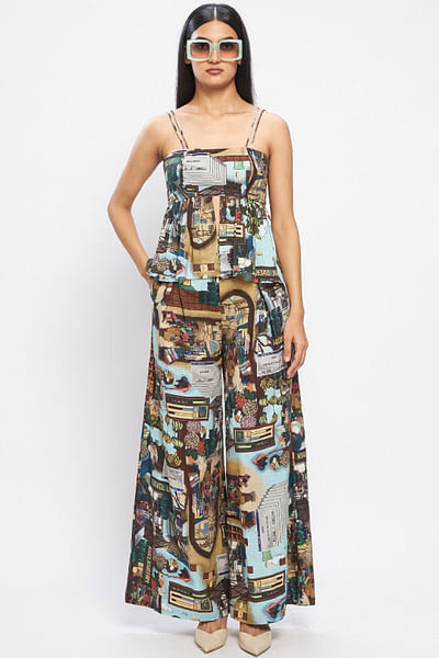 Multicolour pixel-art printed peplum top