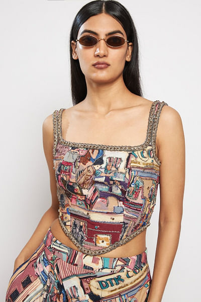 Multicolour print embroidered corset