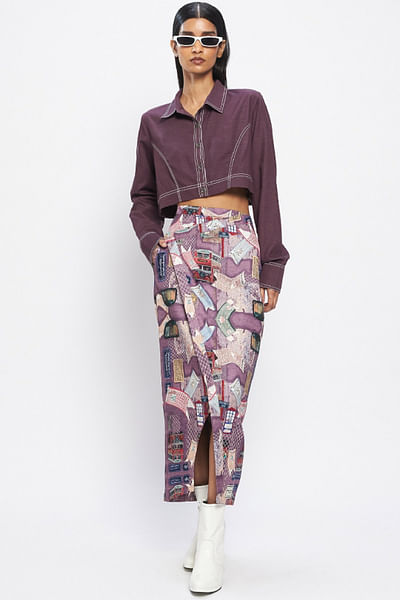 Multicolour retro bus printed wrap skirt