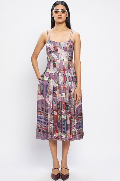 Multicolour retro bus print pleated dress
