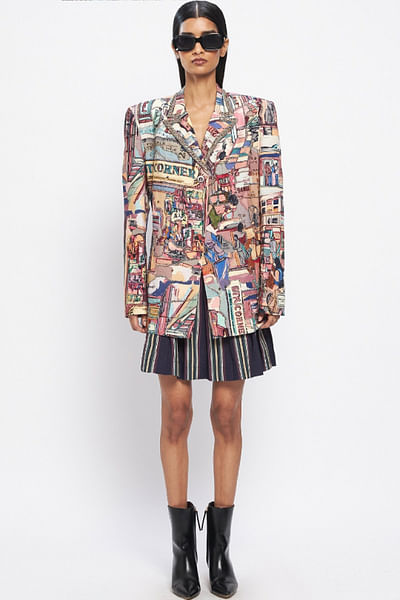 Multicolour printed and embellished blazer