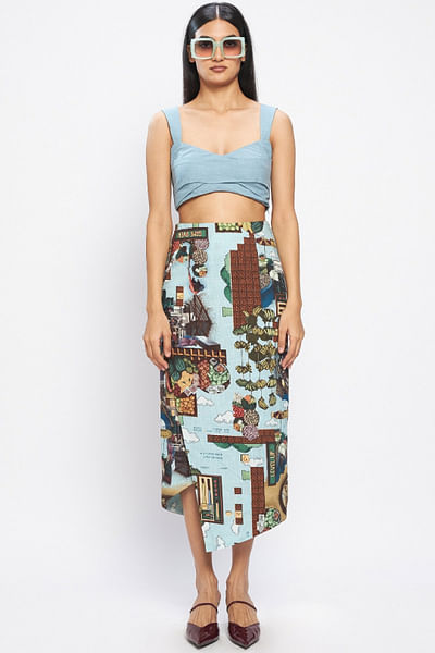 Multicolour pixel-art printed wrap skirt