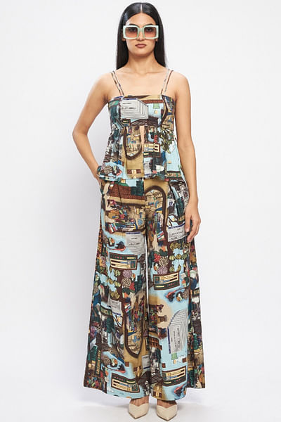 Multicolour pixel-art print pleated trousers