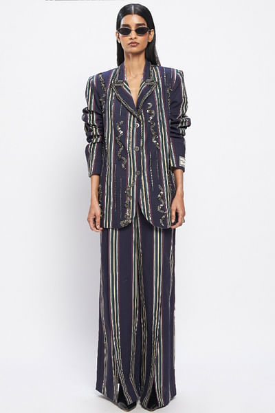 Navy blue printed and 3D embroidered blazer