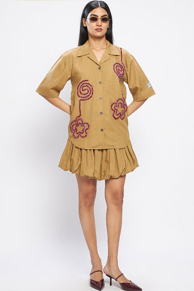 Mocha brown sequin embroidered bowling shirt