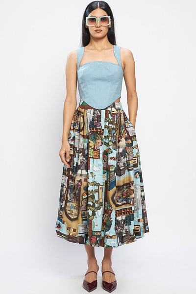 Multicolour pixel-art printed bubble skirt