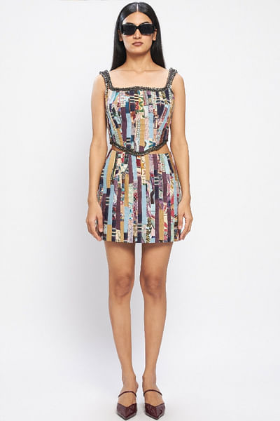 Multicolour embroidery-stripe patchwork corset