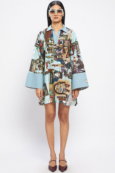 Multicolour pixel-art printed shirt dress