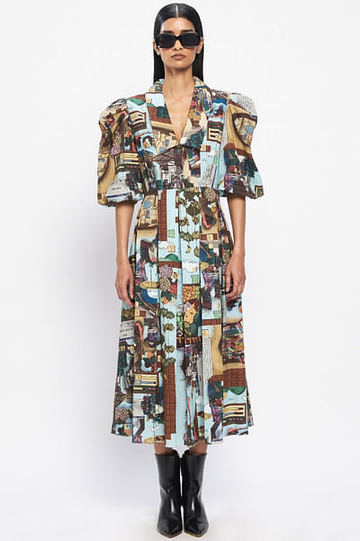 Multicolour pixel-art print pleated dress