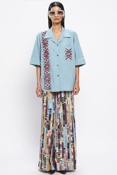 Powder blue floral embroidered bowling shirt