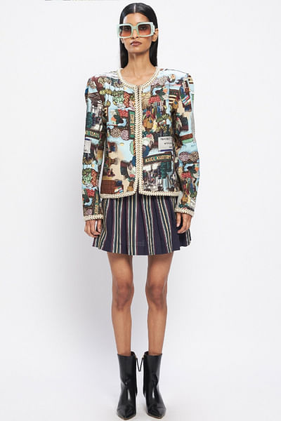 Navy blue printed and pleated mini skirt