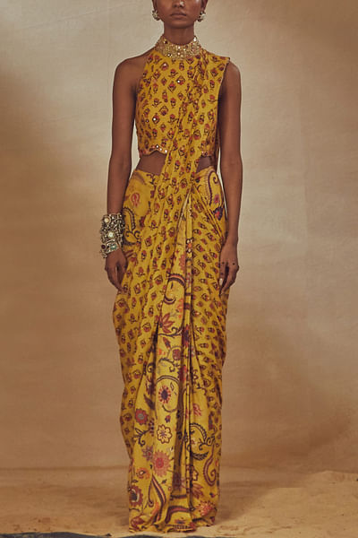 Yellow pre-stitched sari set